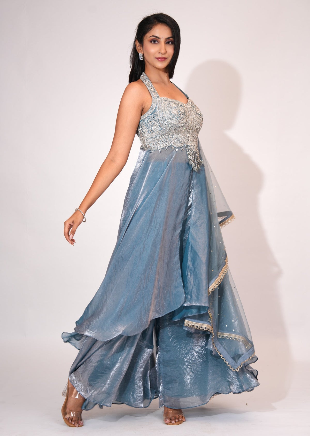 Dusty Blue Front open Anarkali suit