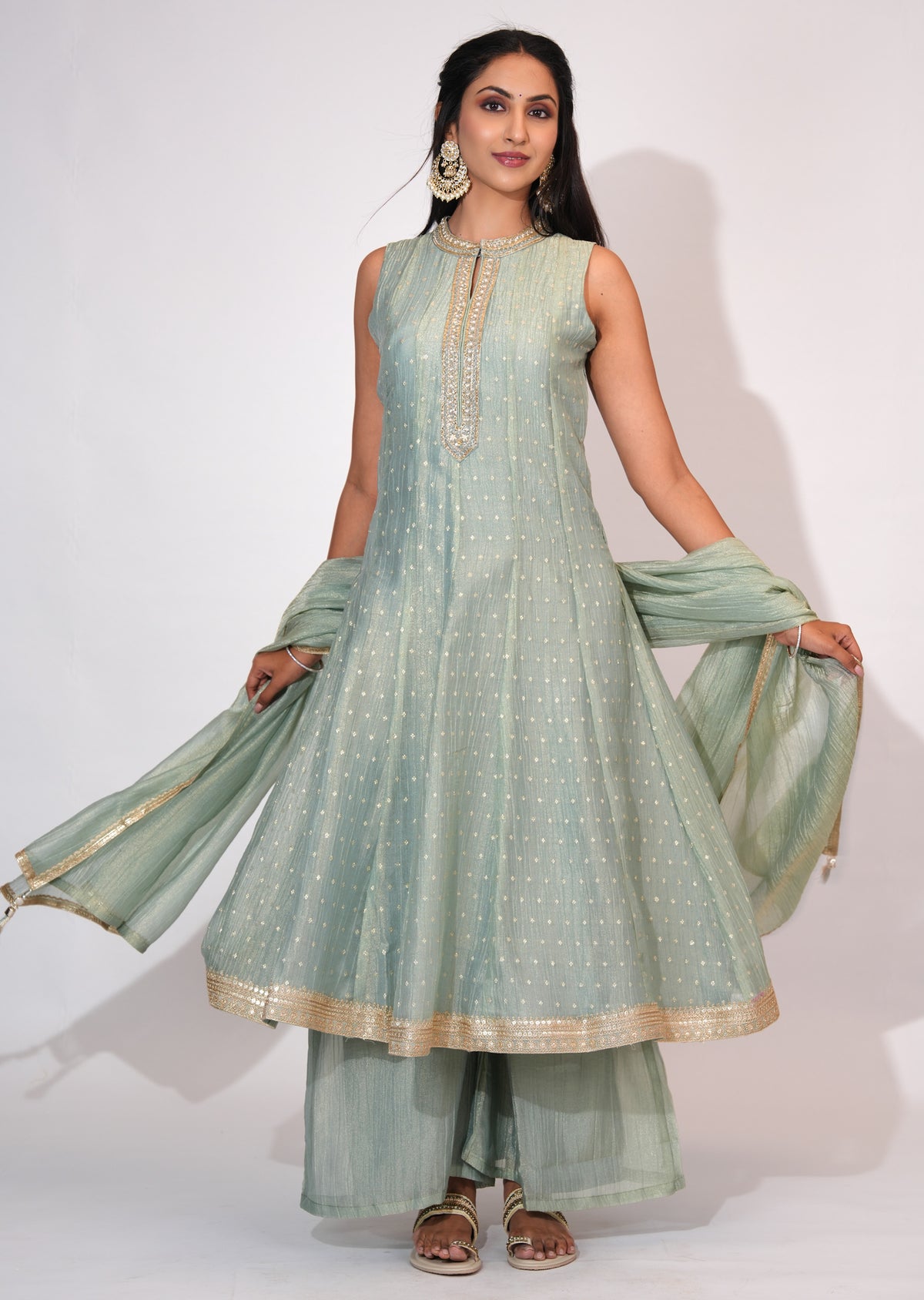 Dusty Green Tissue Anarkali suit