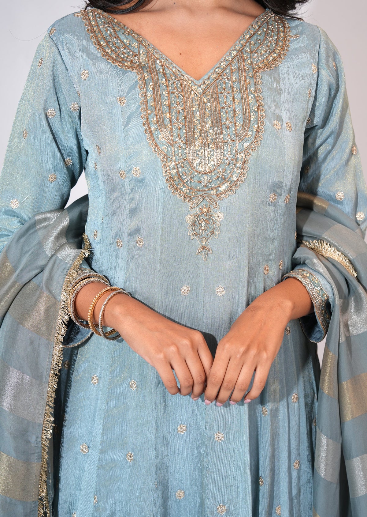 Dusty Blue Tissue Anarkali suit