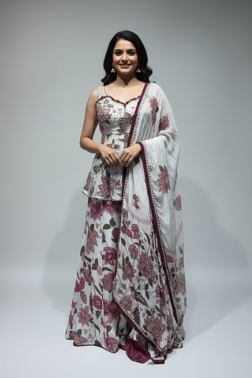 A white traditional outfit displayed on a mannequin, featuring a floral print in pink, red, and green, with a matching sheer dupatta draped over the shoulder.