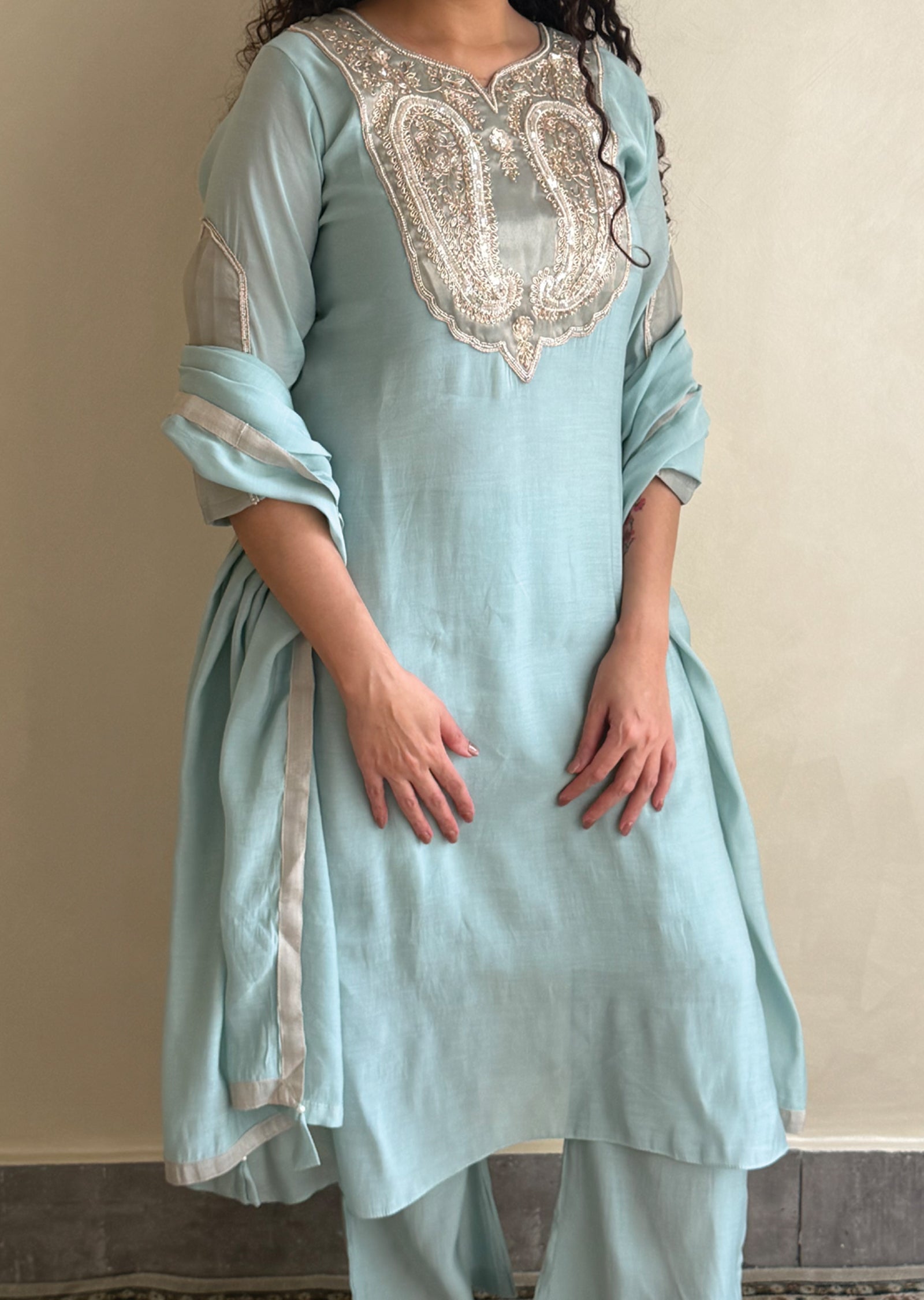 dusty Blue Mul Chanderi Anarkali Suit