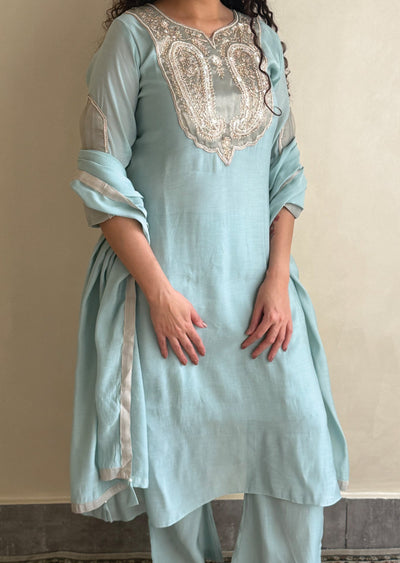 dusty Blue Mul Chanderi Anarkali Suit