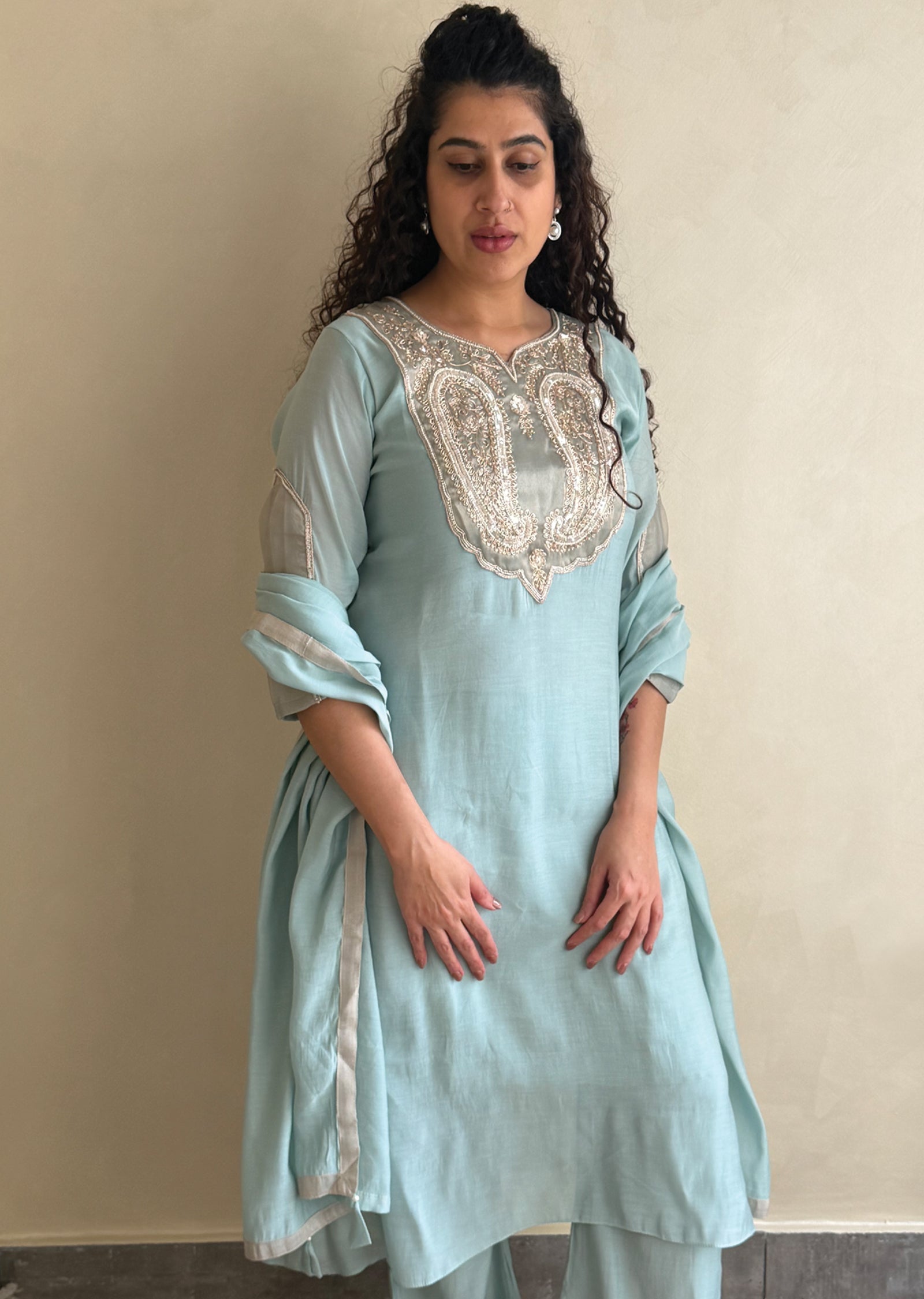 dusty Blue Mul Chanderi Anarkali Suit
