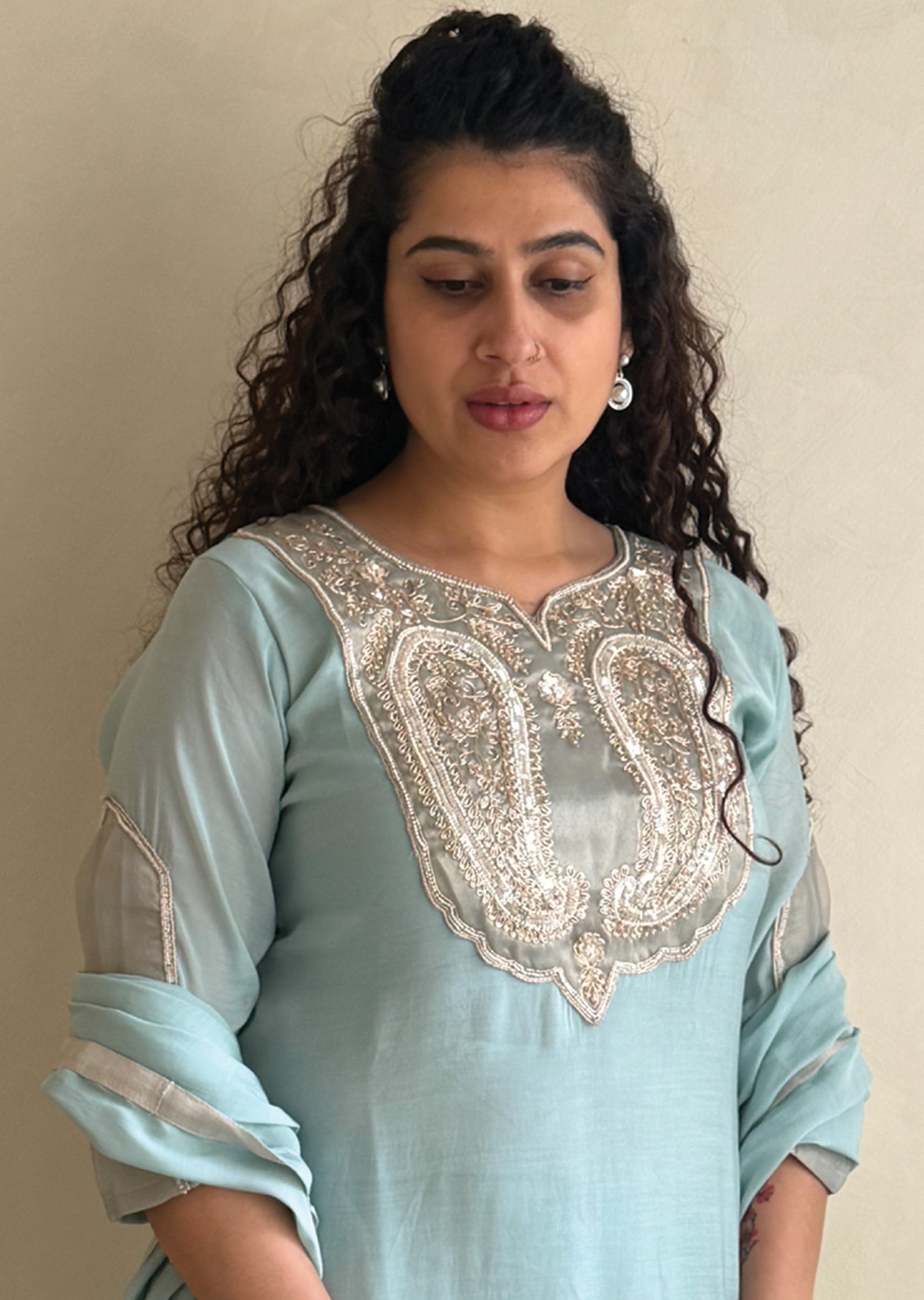 dusty Blue Mul Chanderi Anarkali Suit