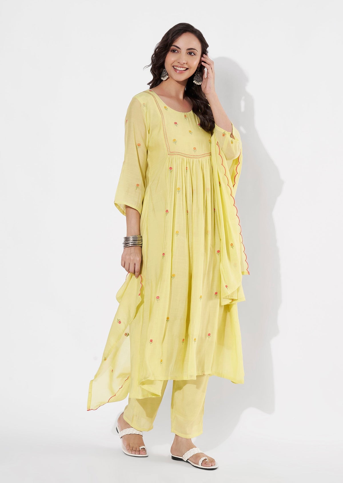 Yellow Mul Chanderi Anarkali suit