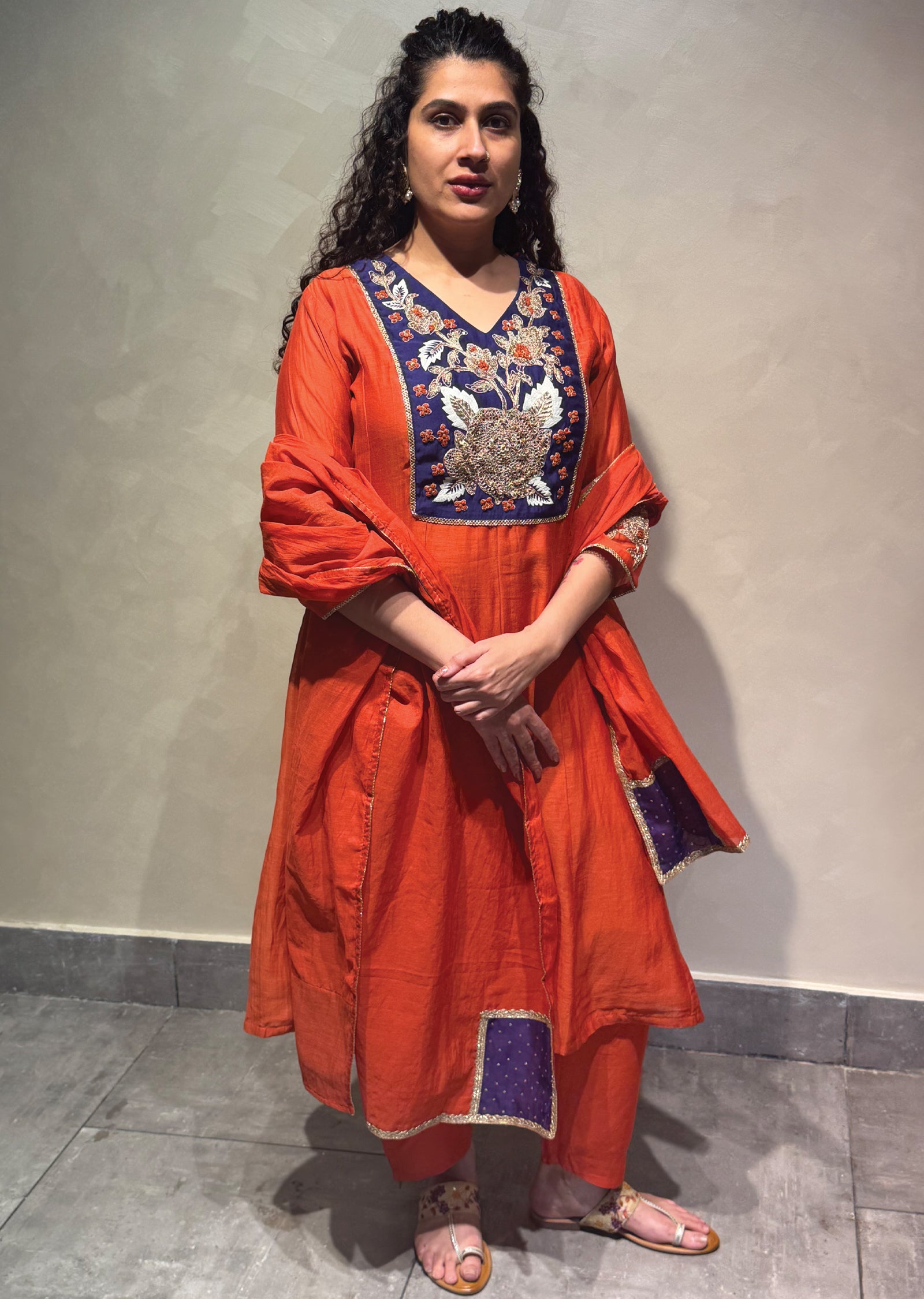 Dark Rust Mul Chanderi Anarkali Suit
