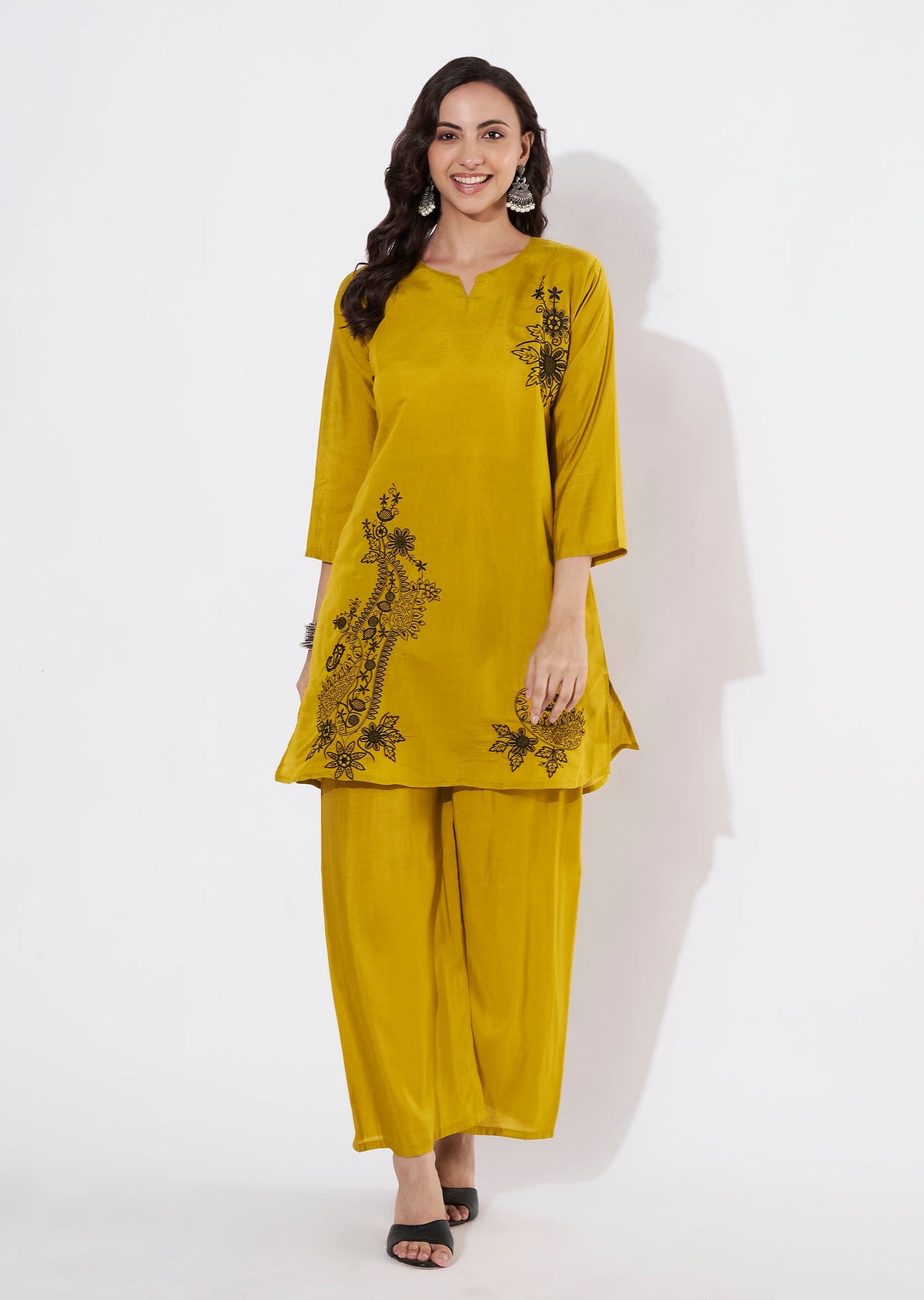 Mustard Russian Silk Straight cut Kurti set