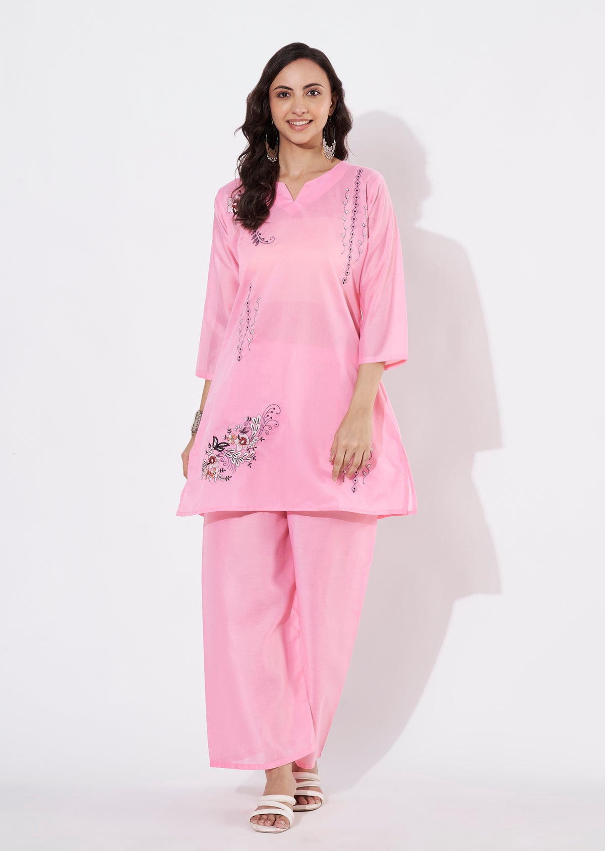 Baby Pink Russian Silk Straight cut Kurti set