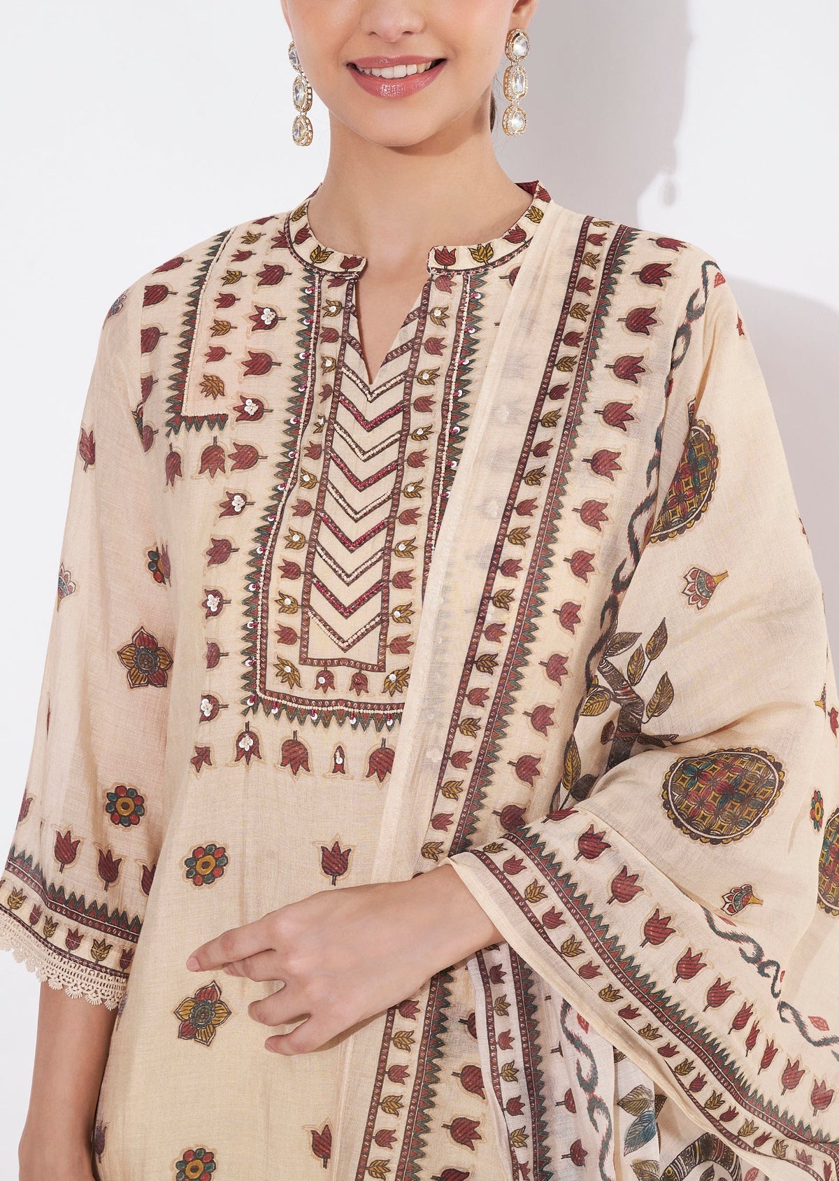 Beige Mul Chanderi Straight cut suit