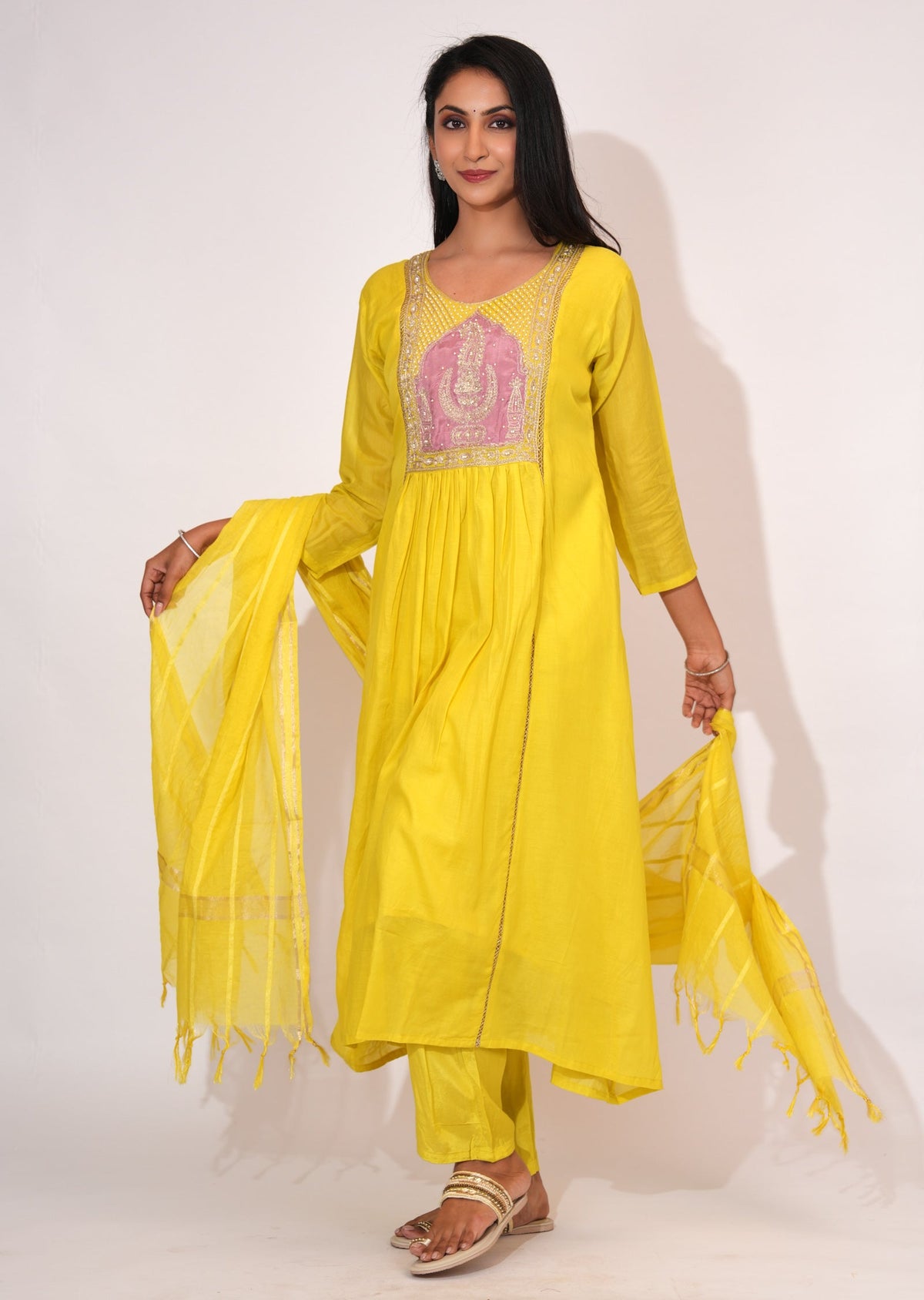 Yellow Mul Chanderi Anarkali suit