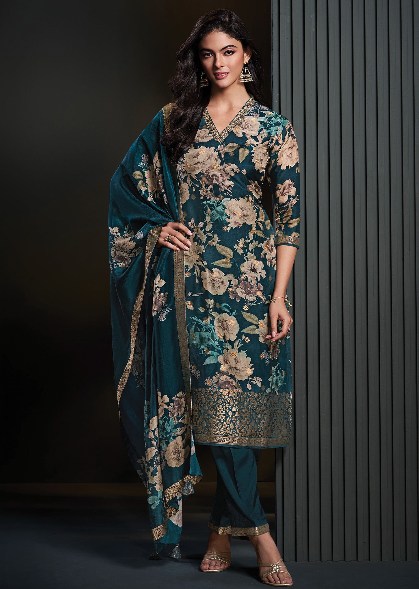 Teal Blue Silk Straight cut suit