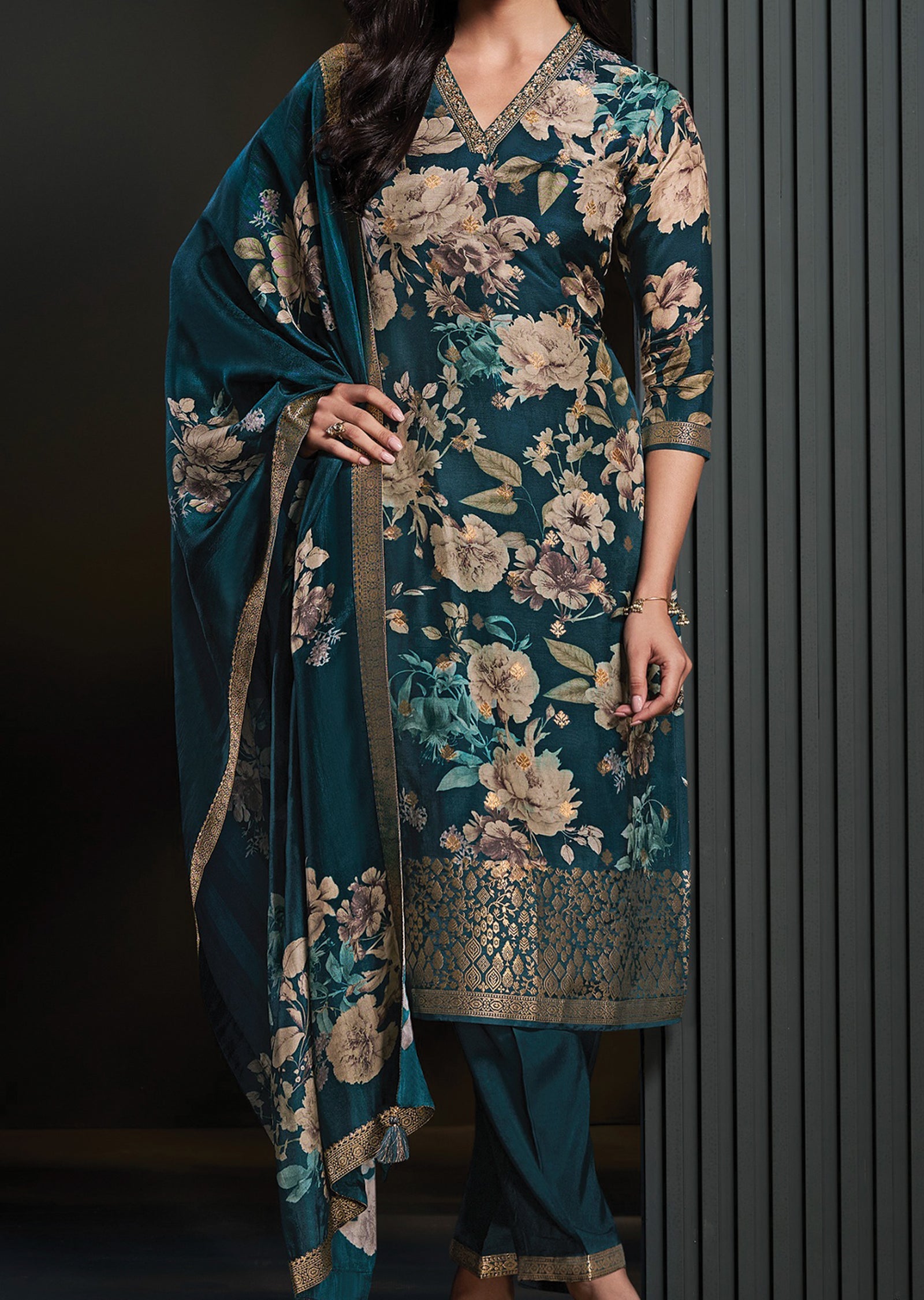 Teal Blue Silk Straight cut suit