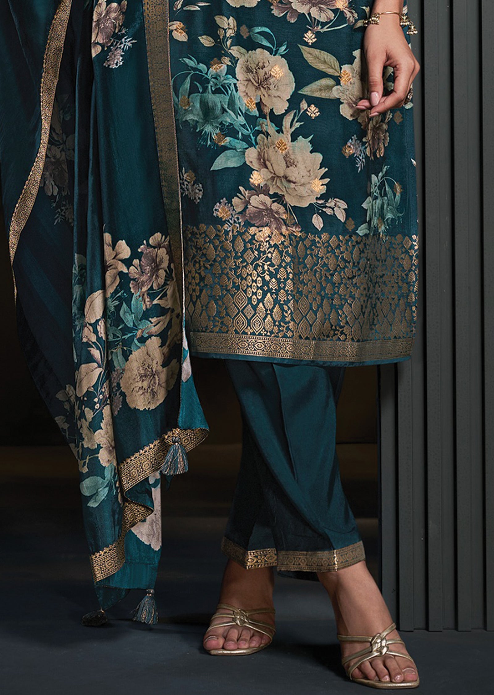 Teal Blue Silk Straight cut suit