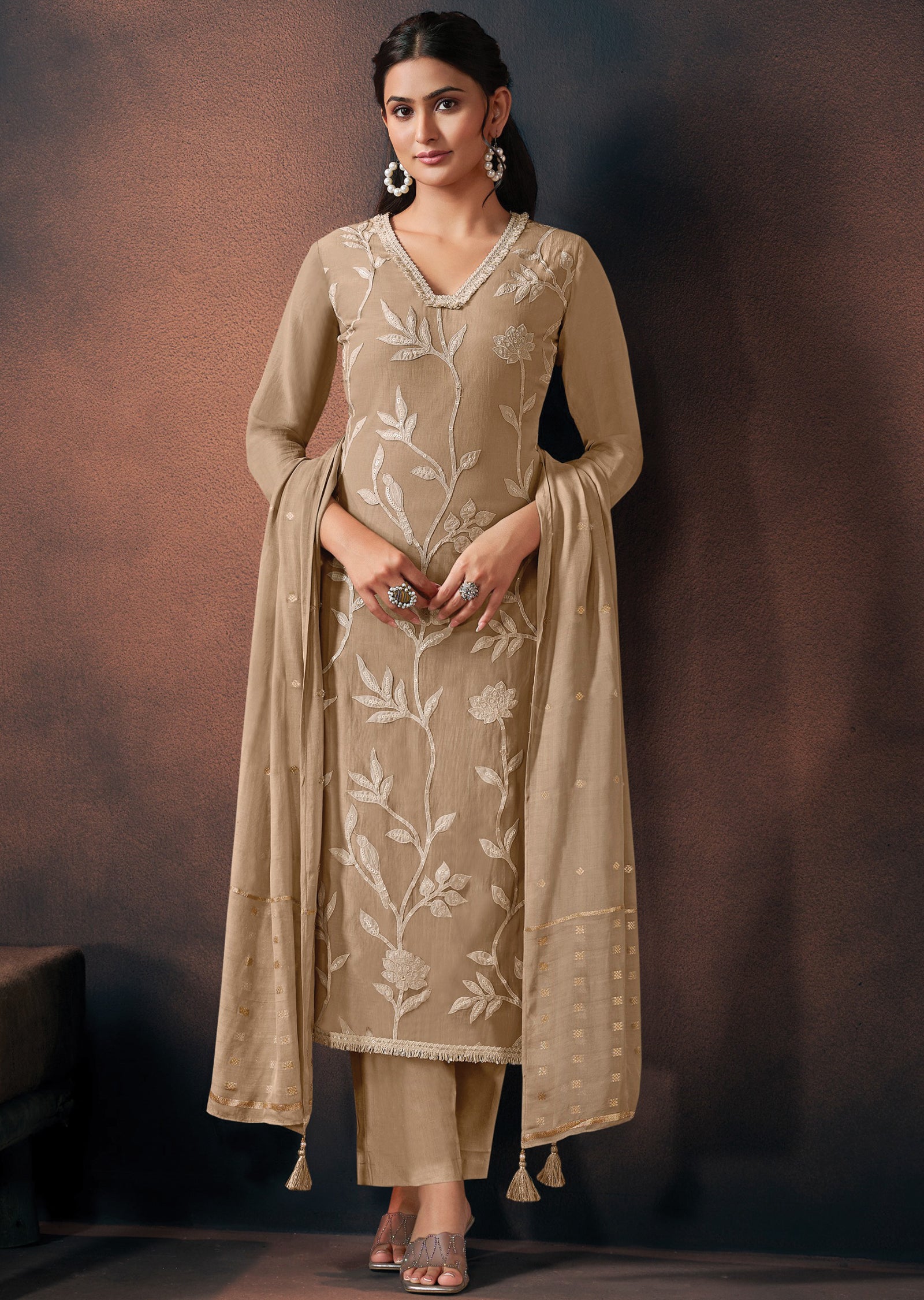 Beige Silk Straight cut suit