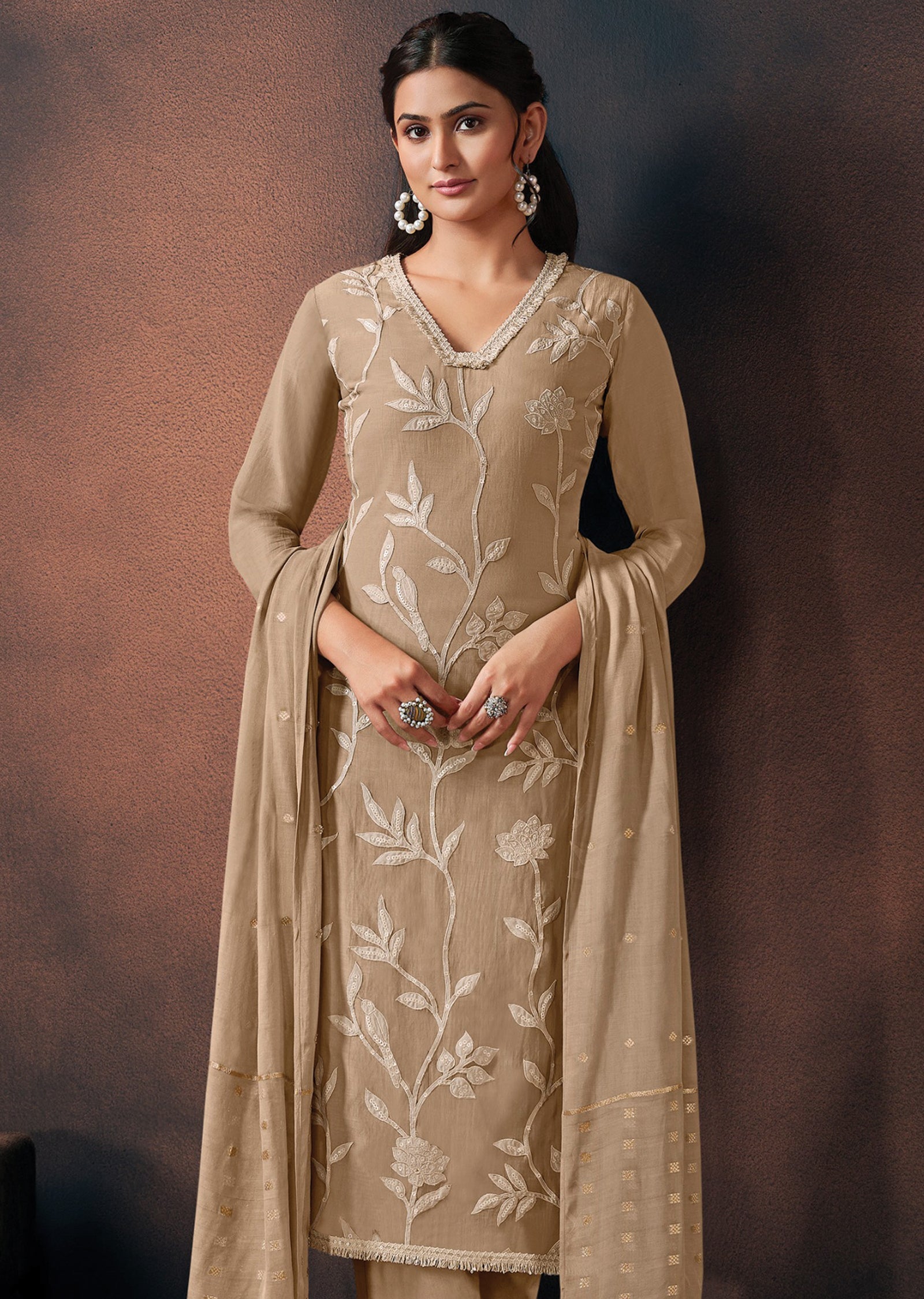 Beige Silk Straight cut suit
