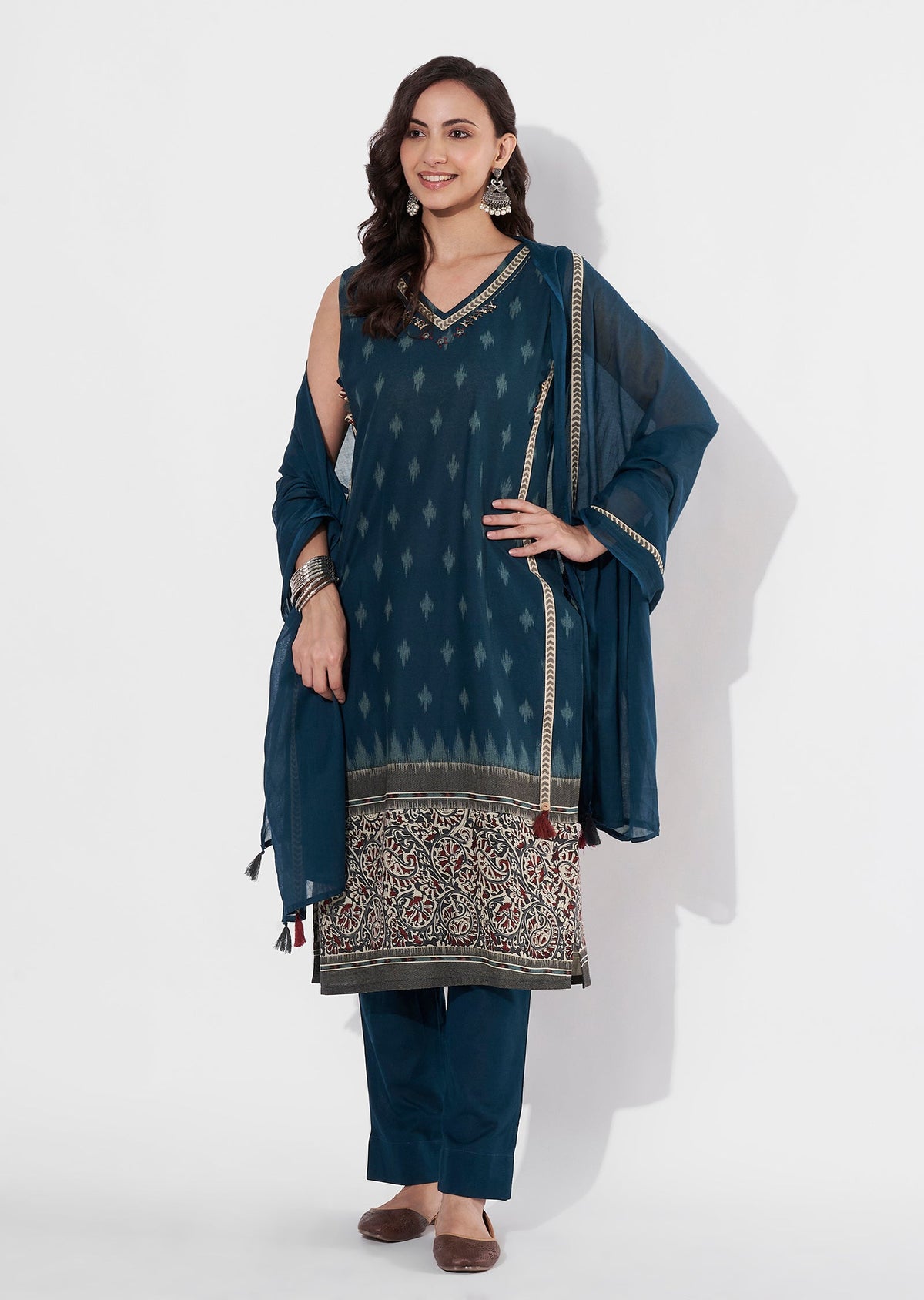 Teal Blue Cotton Straight cut suit
