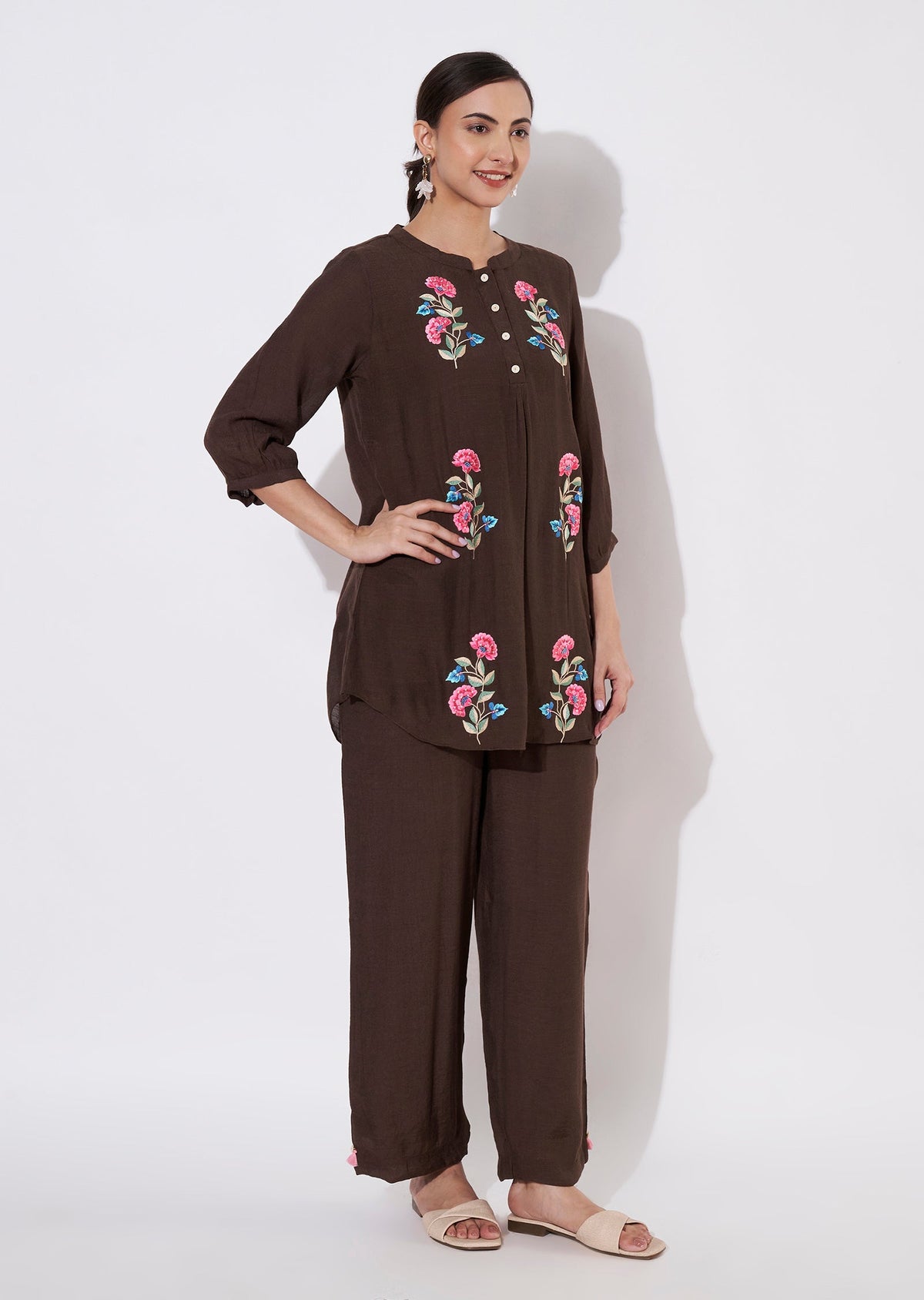 Dark Brown Linen Georgette Kurti set