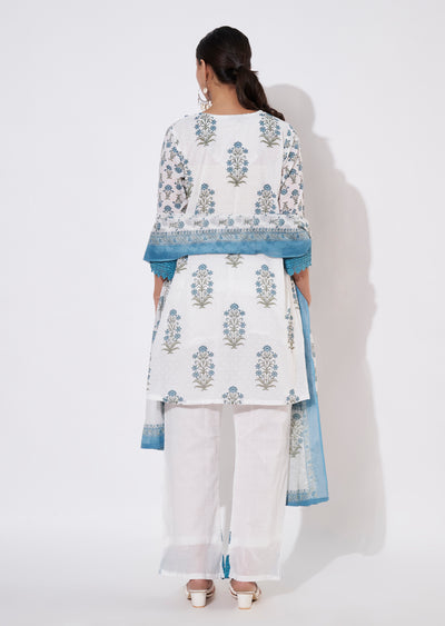 Cream & Blue Cotton Short Anarkali suit