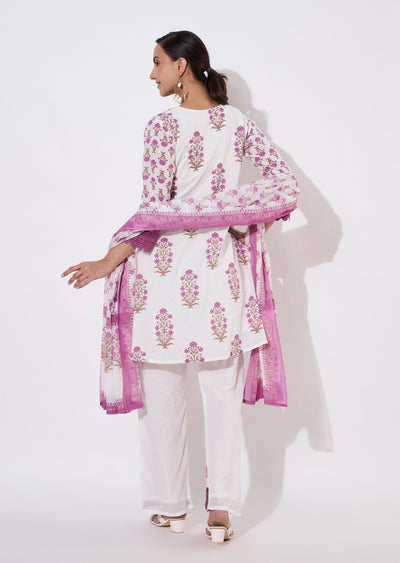 Cream & Mauve Cotton Short Anarkali suit