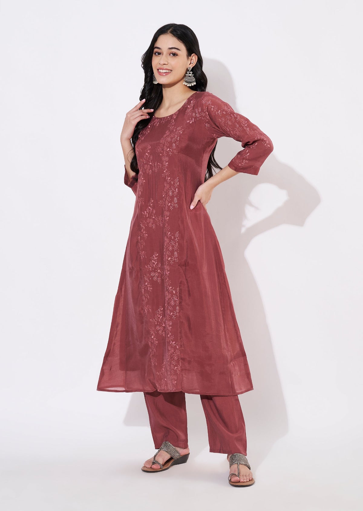 Dark Mauve Mul Chanderi Fusion wear kurti