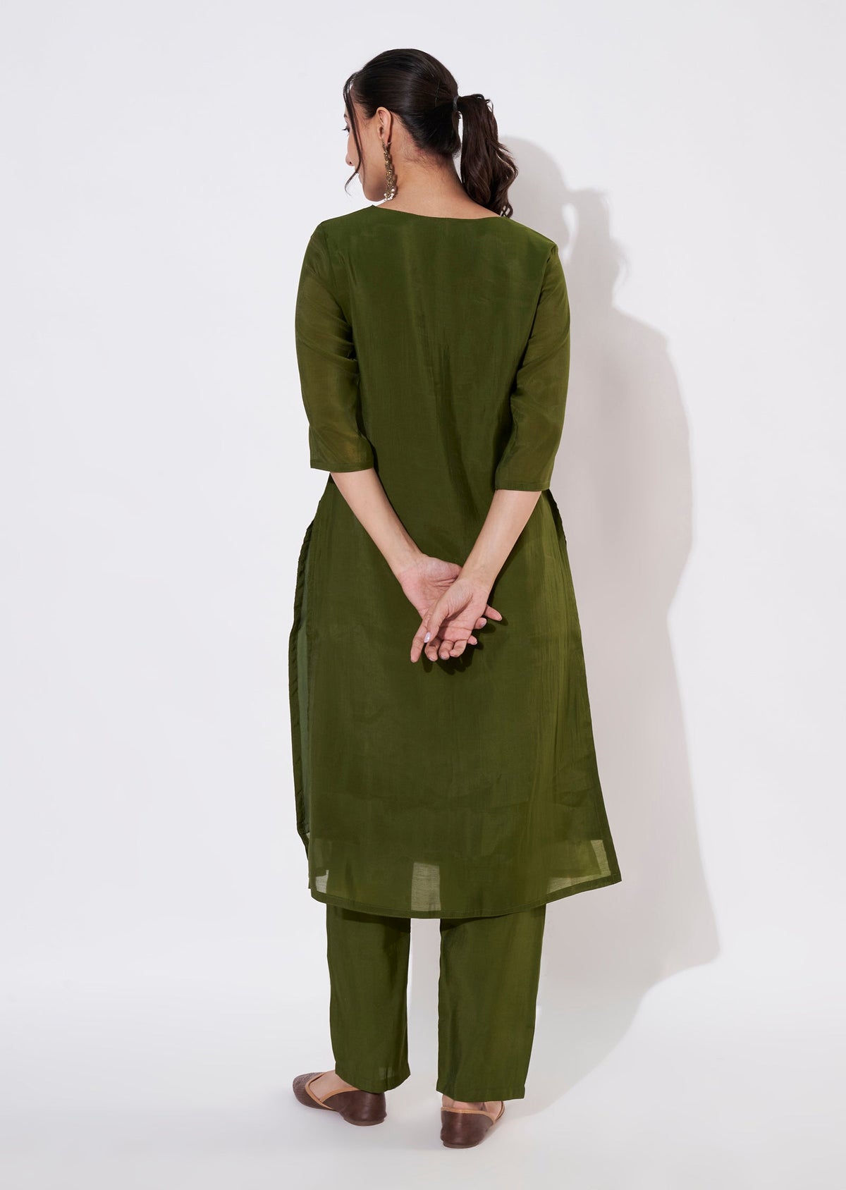 Olive Green Mul Chanderi Kurti set