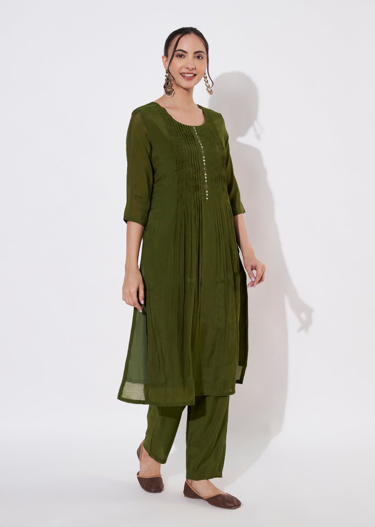 Olive Green Mul Chanderi Kurti set