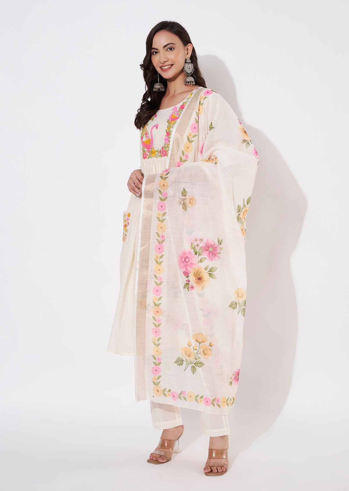 Cream Cotton Anarkali suit