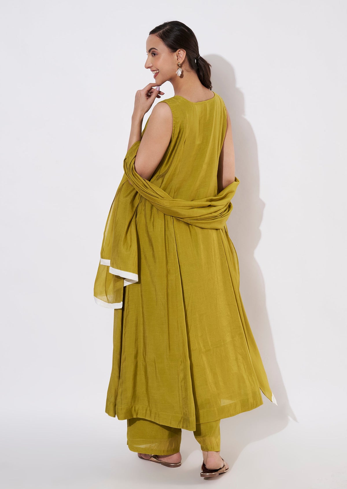 Mehndi Green Mul Chanderi Anarkali suit
