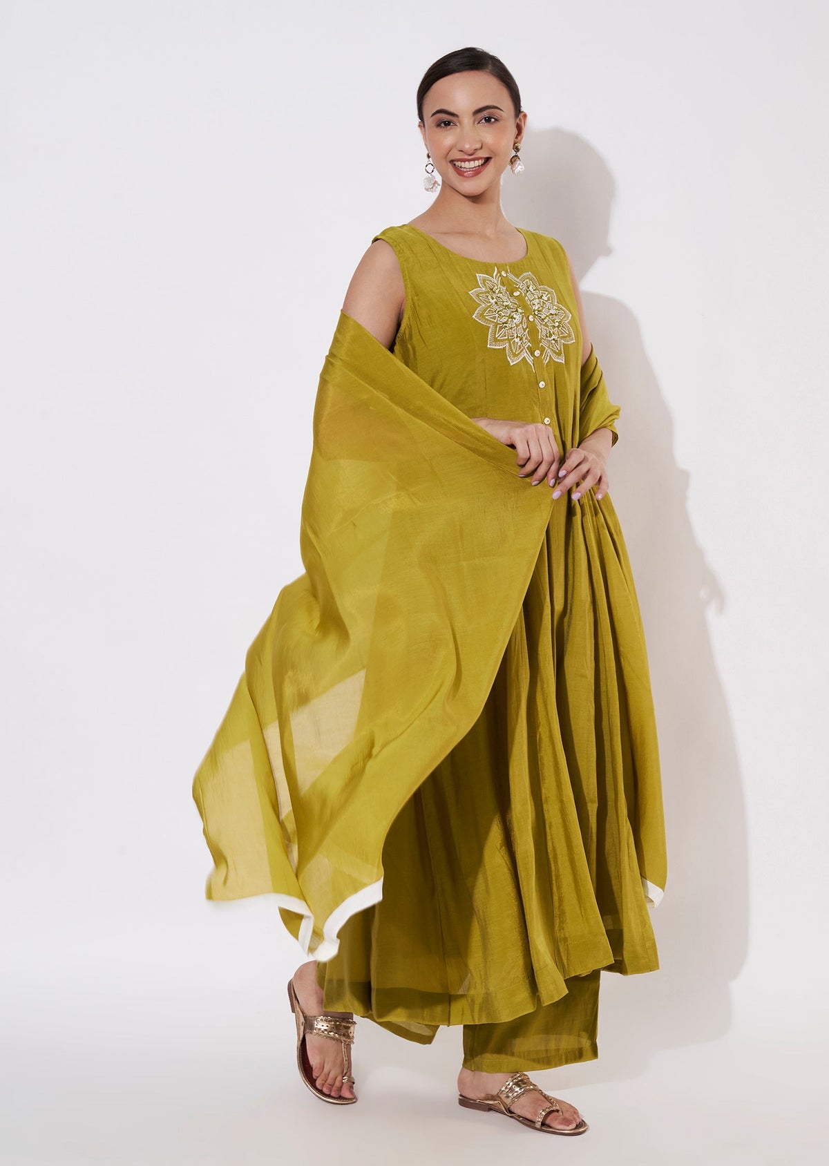 Mehndi Green Mul Chanderi Anarkali suit