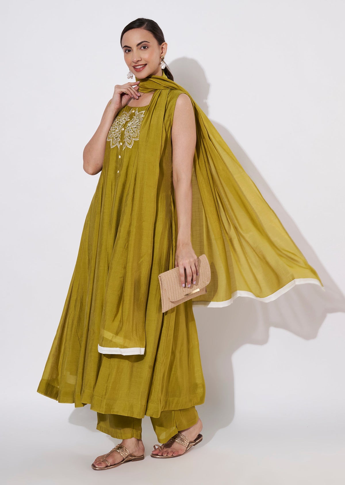 Mehndi Green Mul Chanderi Anarkali suit