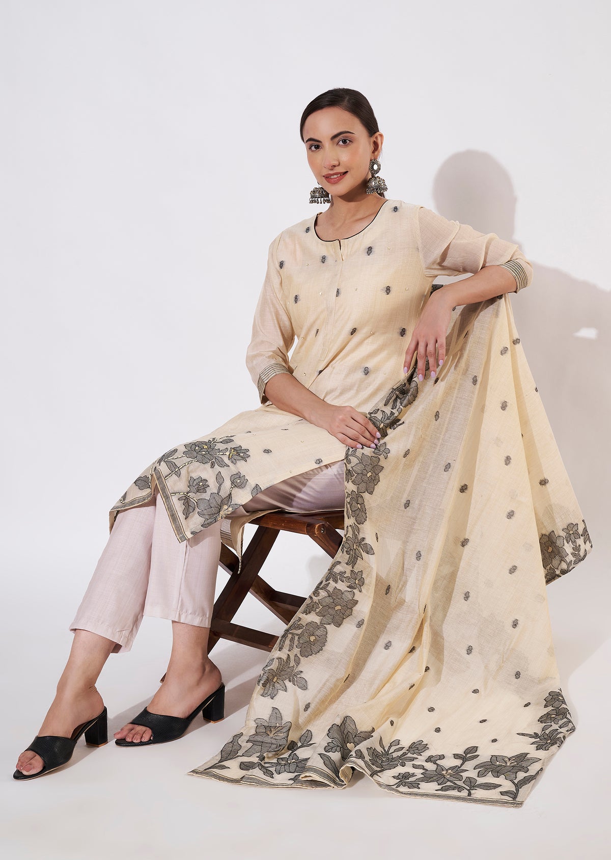 Beige Chanderi Straight cut suit