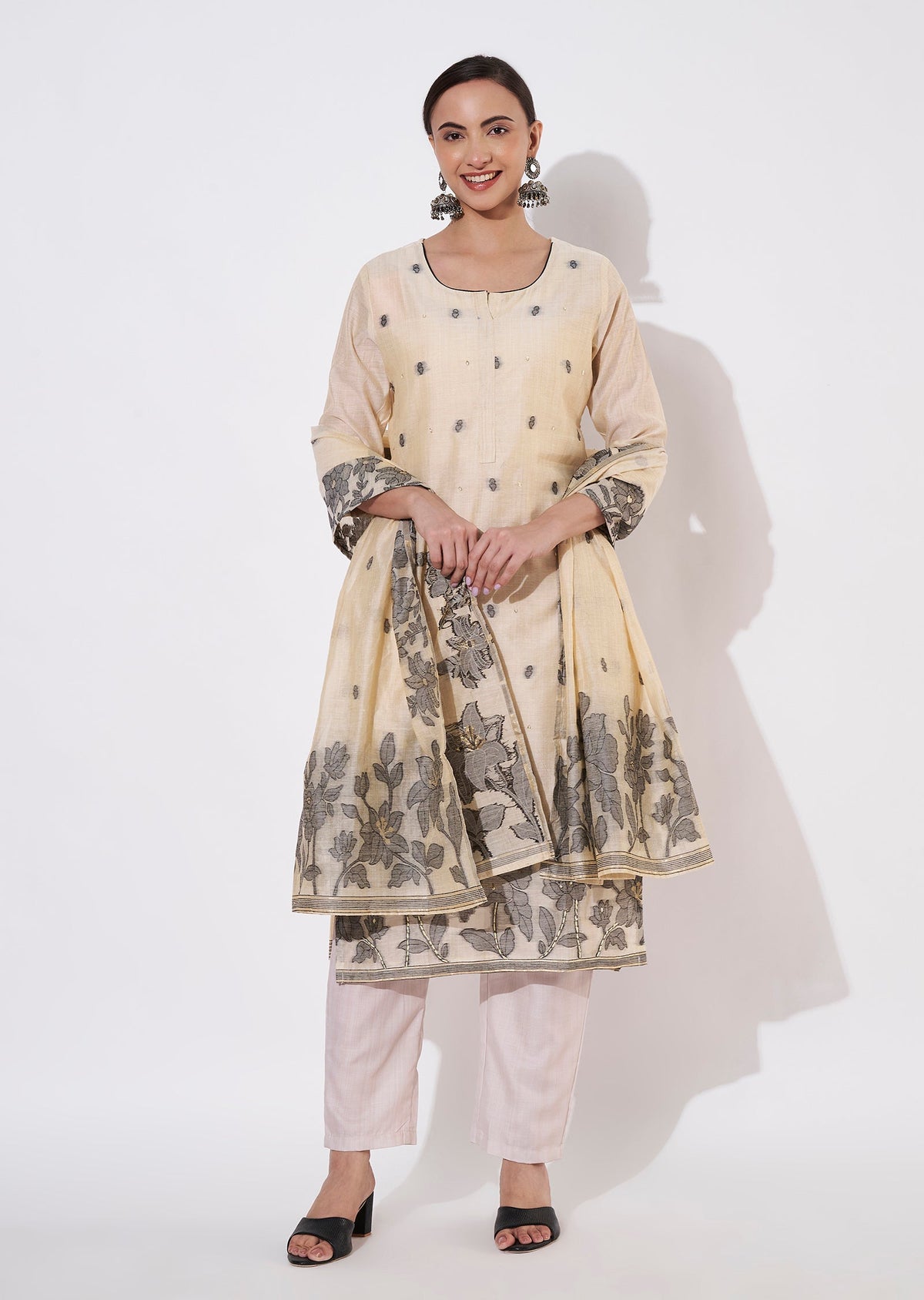Beige Chanderi Straight cut suit