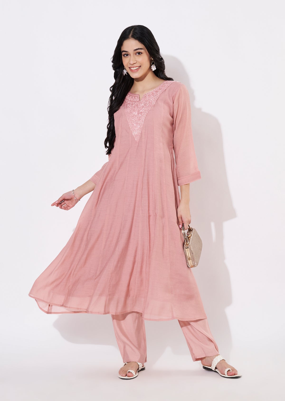Onion Pink Gold Fusion wear kurti