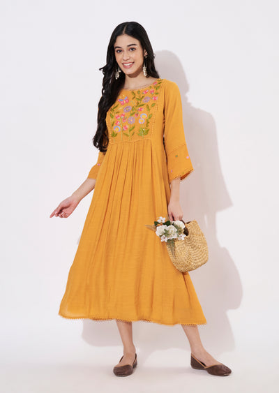 Mustard Linen Georgette Frock style kurti