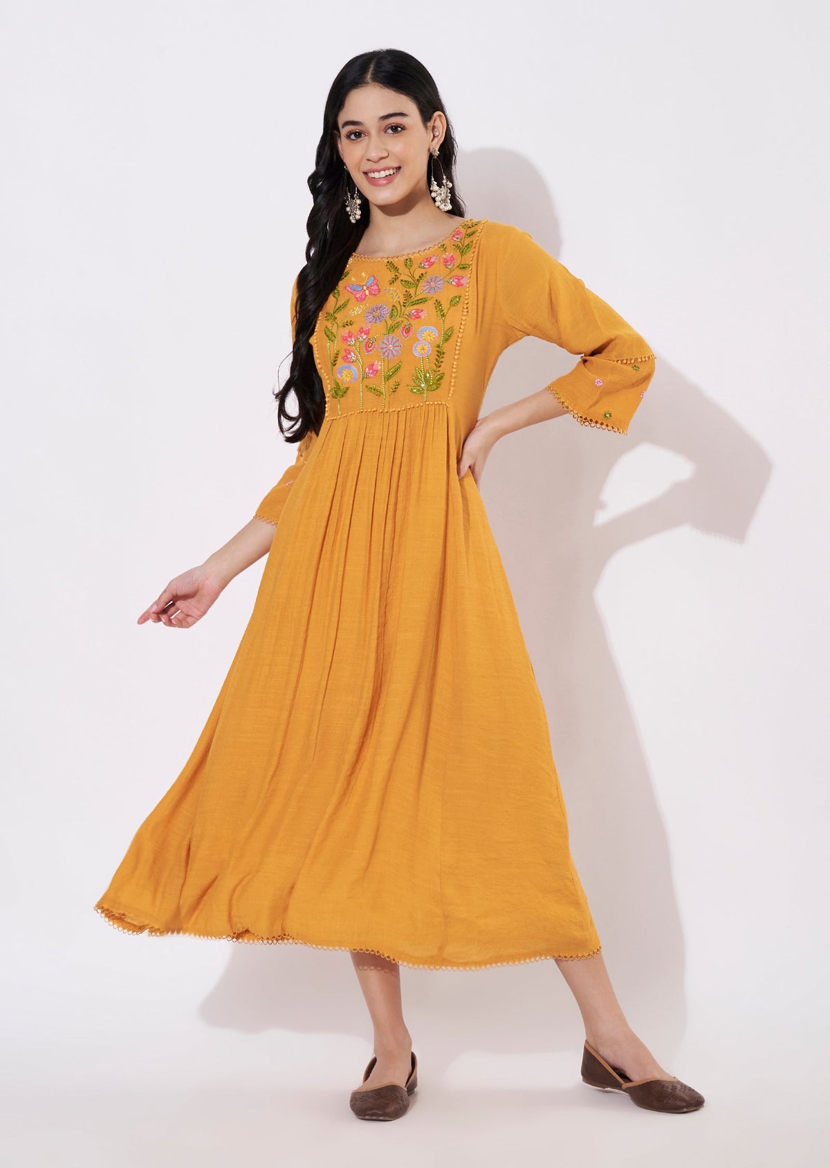Mustard Linen Georgette Frock style kurti