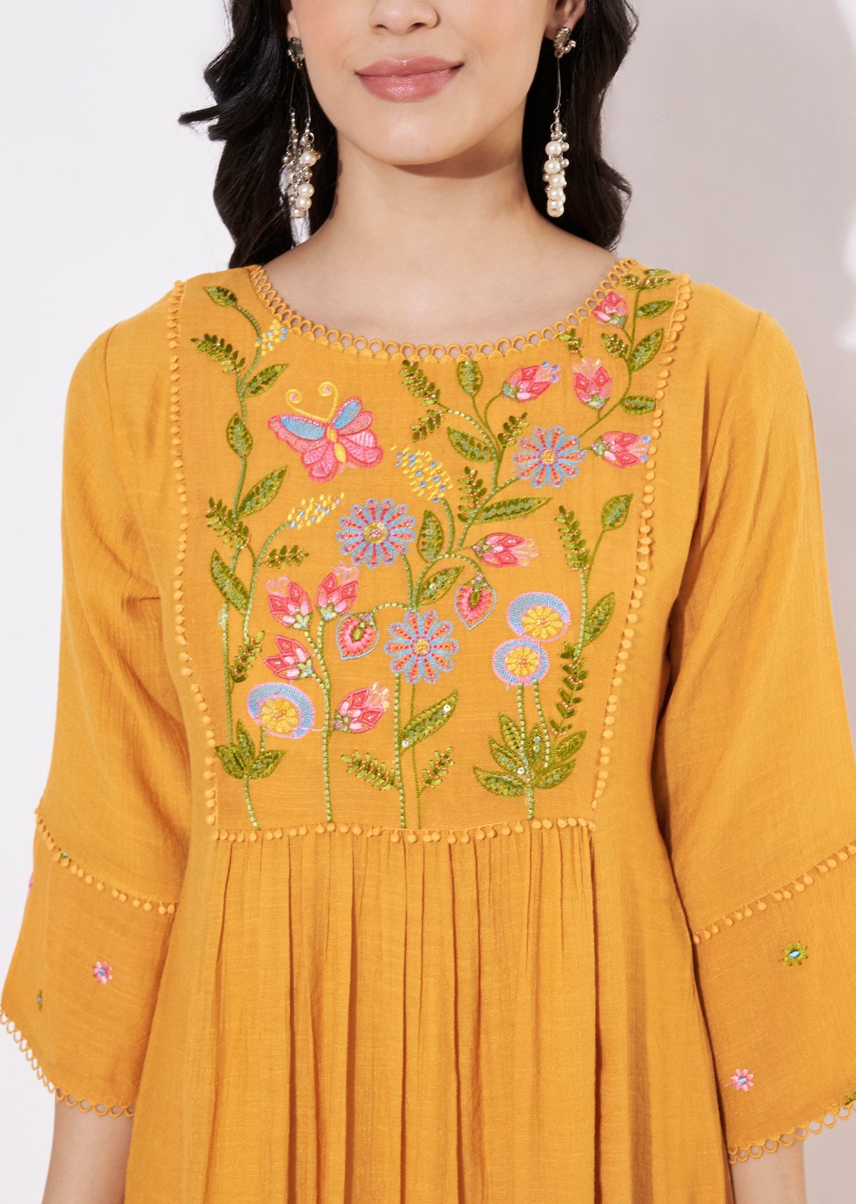 Mustard Linen Georgette Frock style kurti