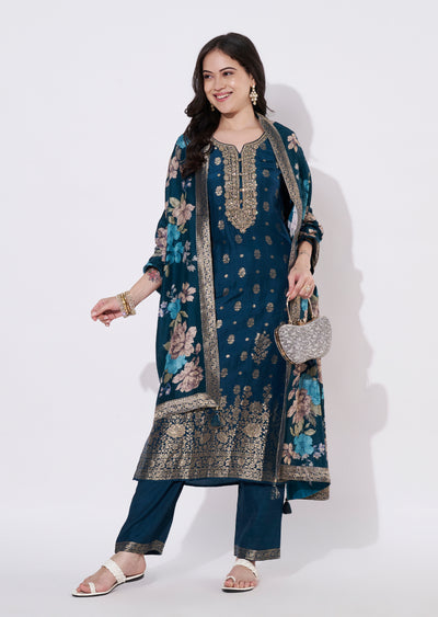 Teal Blue Silk Straight cut suit