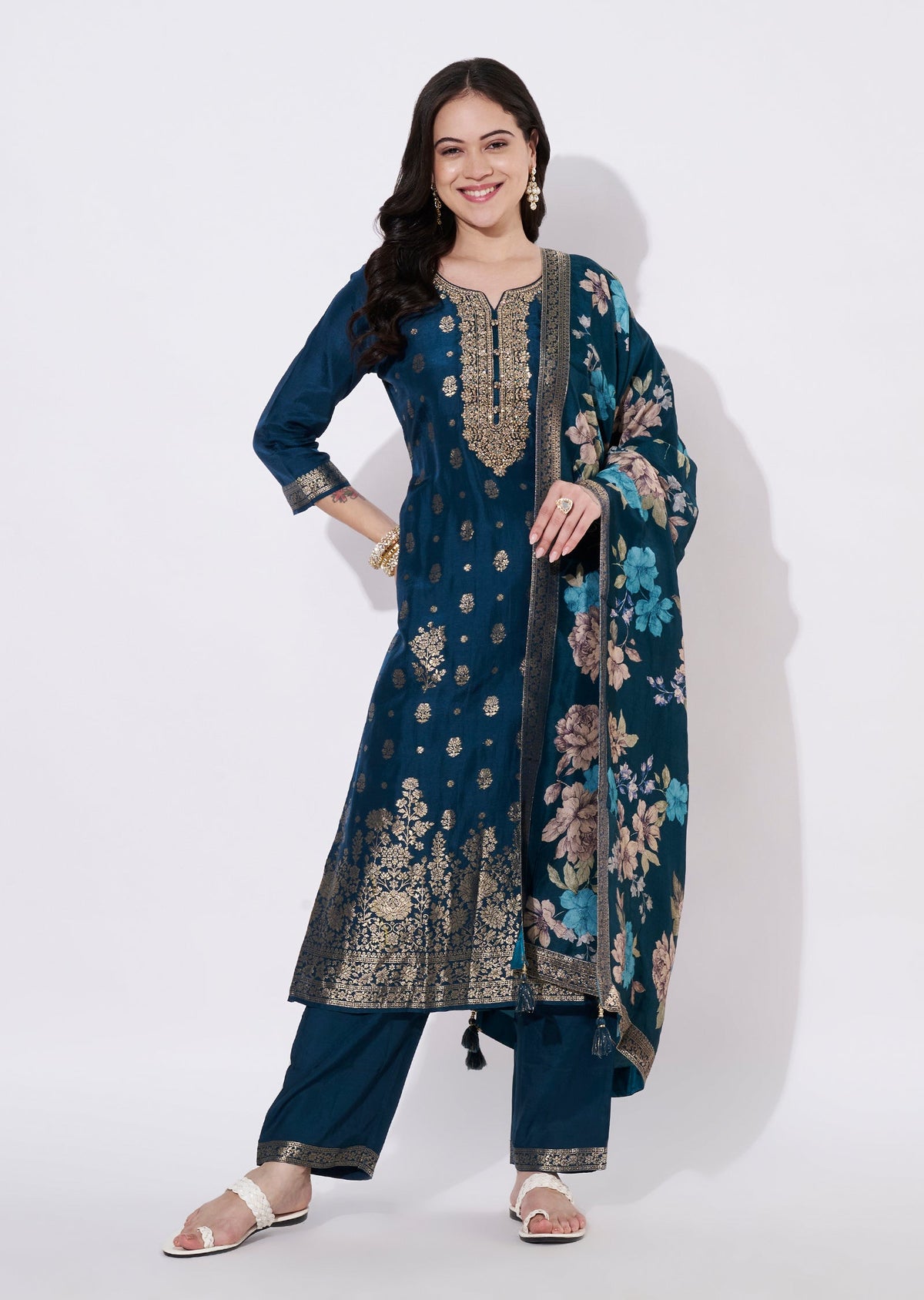 Teal Blue Silk Straight cut suit