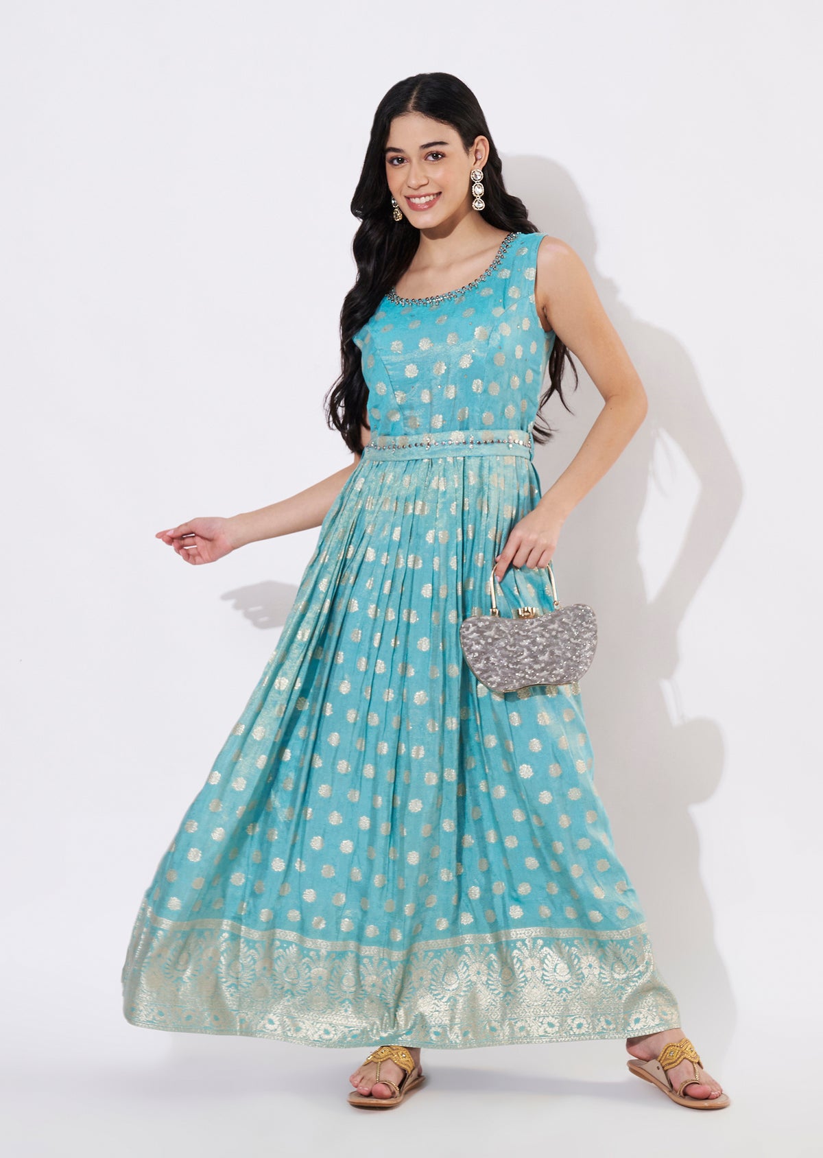 Sea Blue Tissue Long Kurti