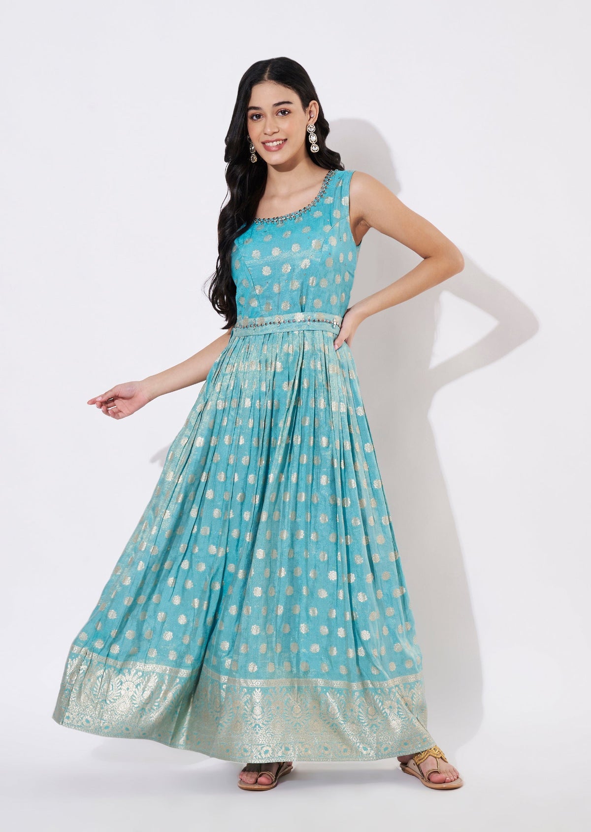 Sea Blue Tissue Long Kurti