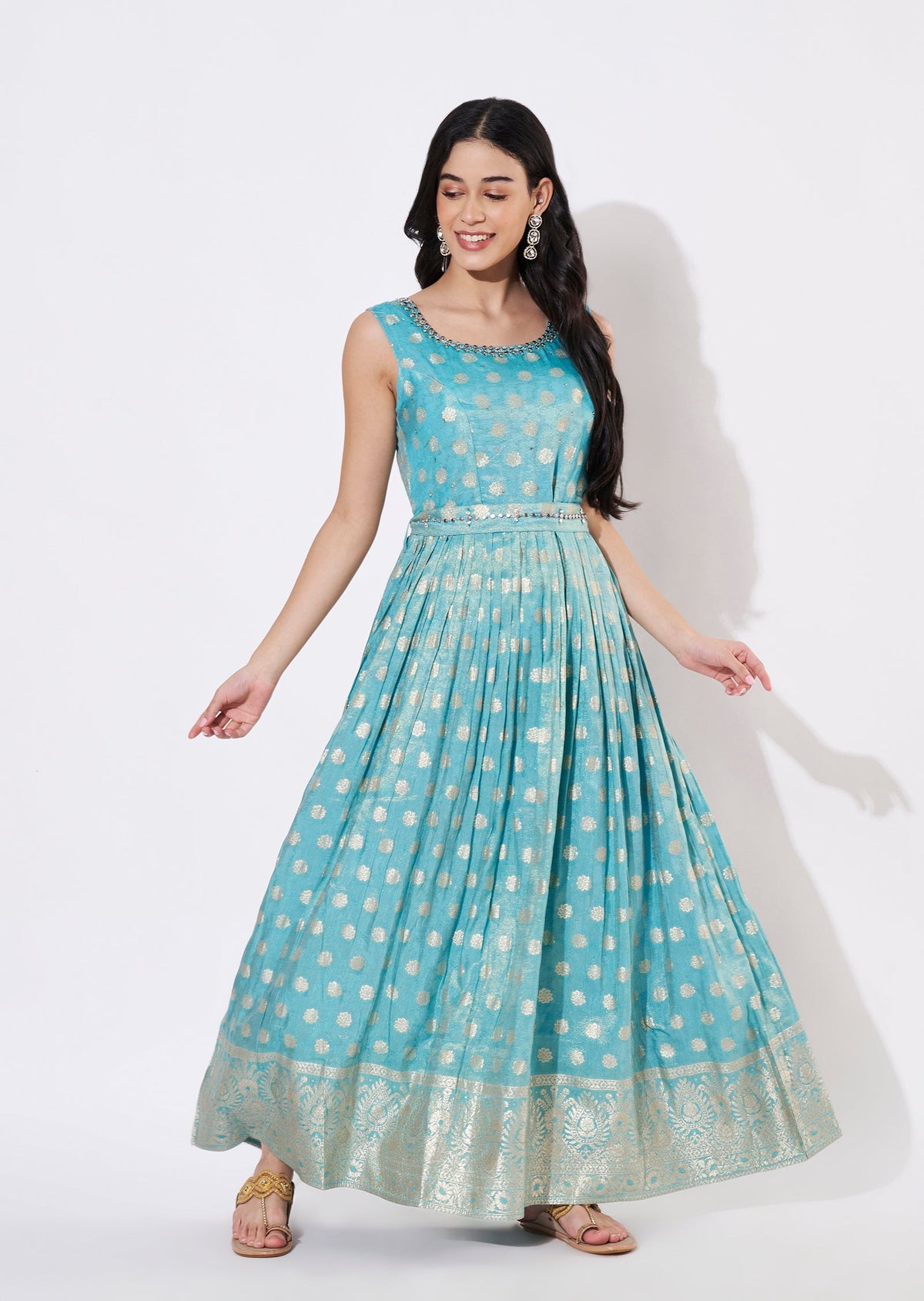 Sea Blue Tissue Long Kurti