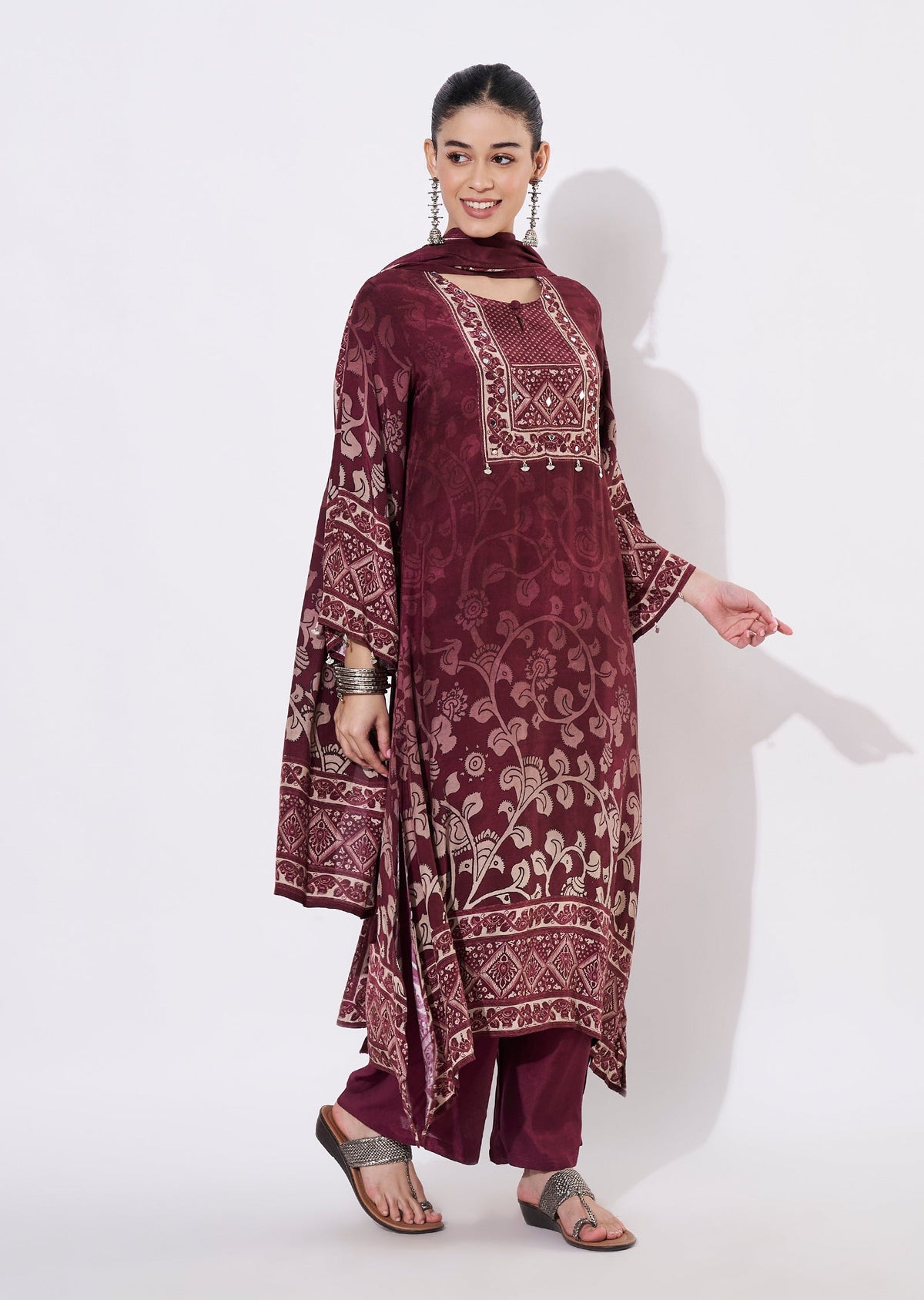 Maroon Muslin Straight cut suit