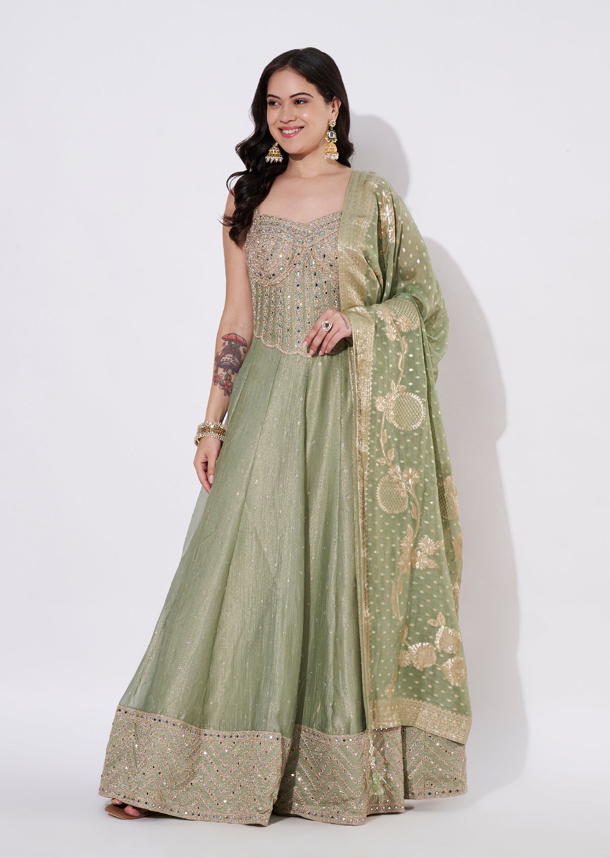 Light Green Tissue Anarkali Suit