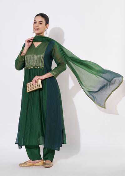 Mehndi Green Mul Chanderi Anarkali Suit