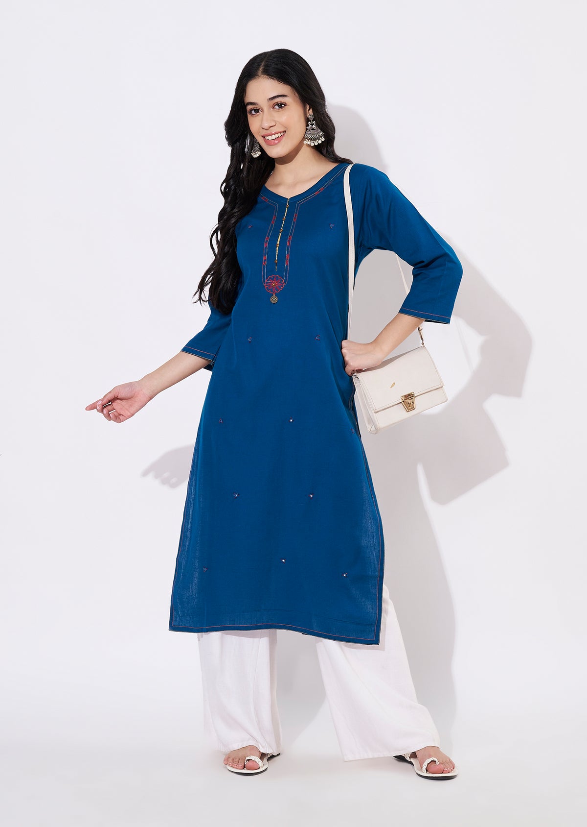 Teal Blue Cotton Straight cut Kurti