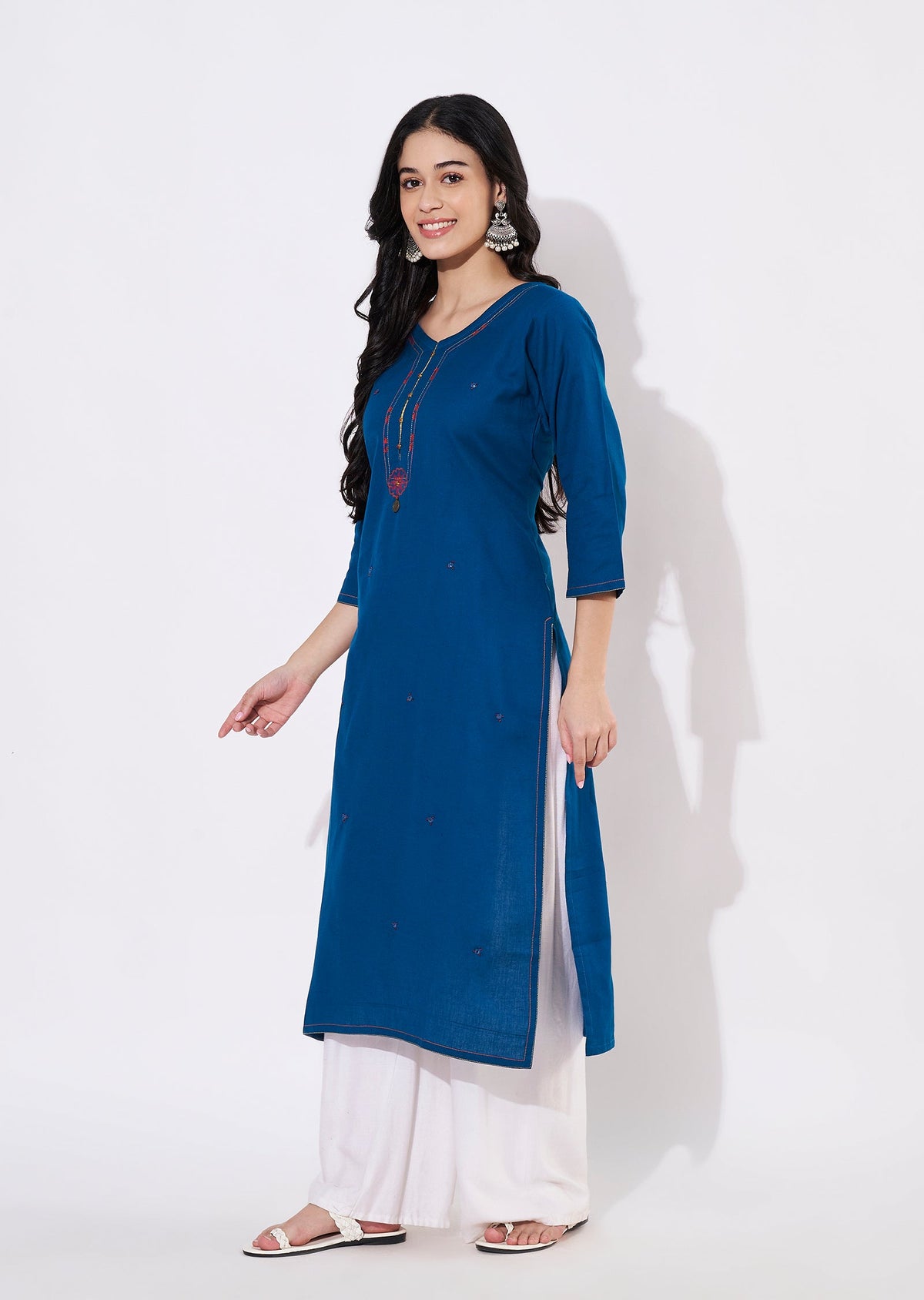 Teal Blue Cotton Straight cut Kurti