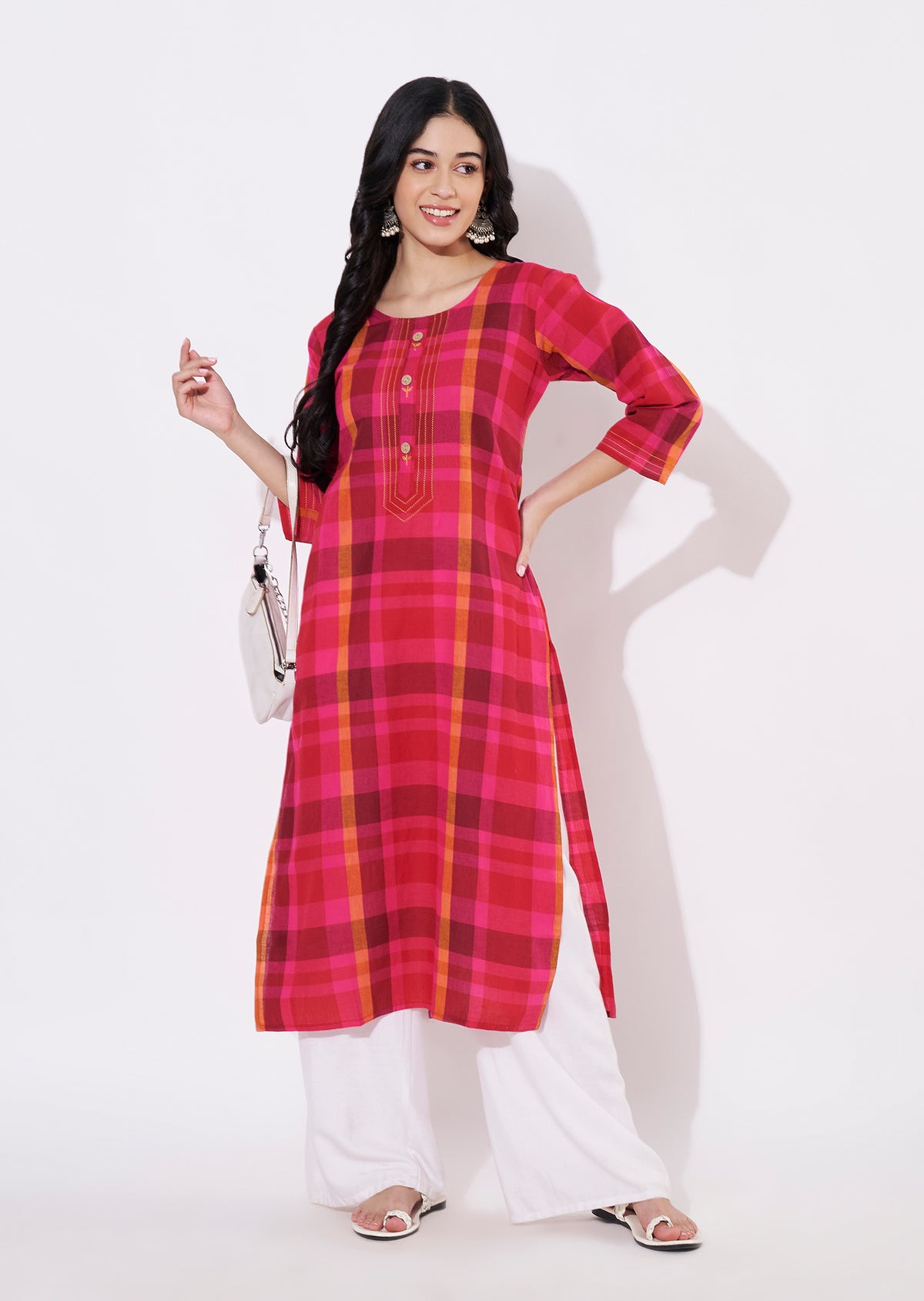 Pink Cotton Straight cut Kurti