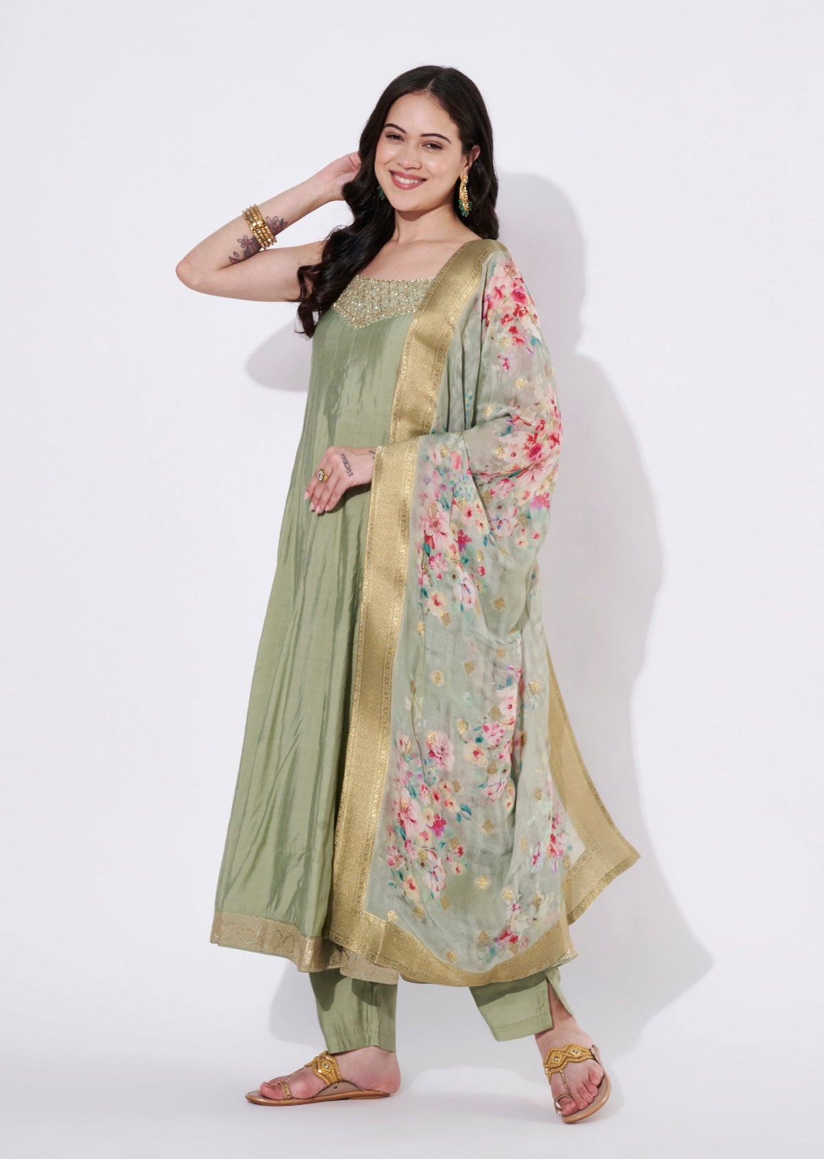 Dusty Green Silk Anarkali Suit