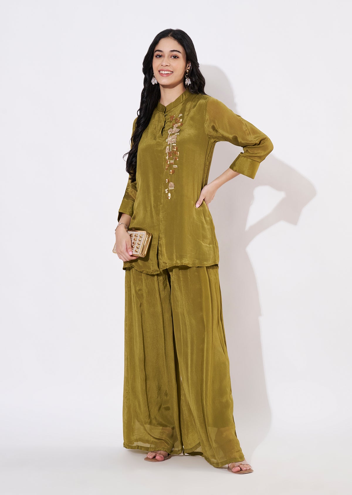 Olive Green Chinnon Fusion wear kurti