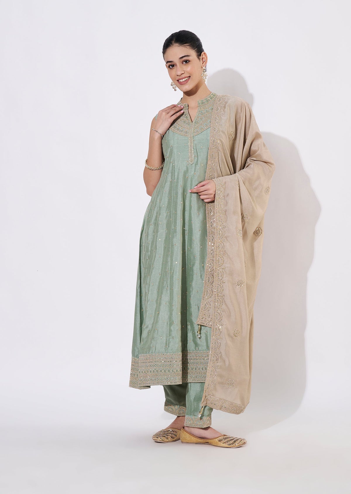 Dusty Green Tissue Anarkali Suit